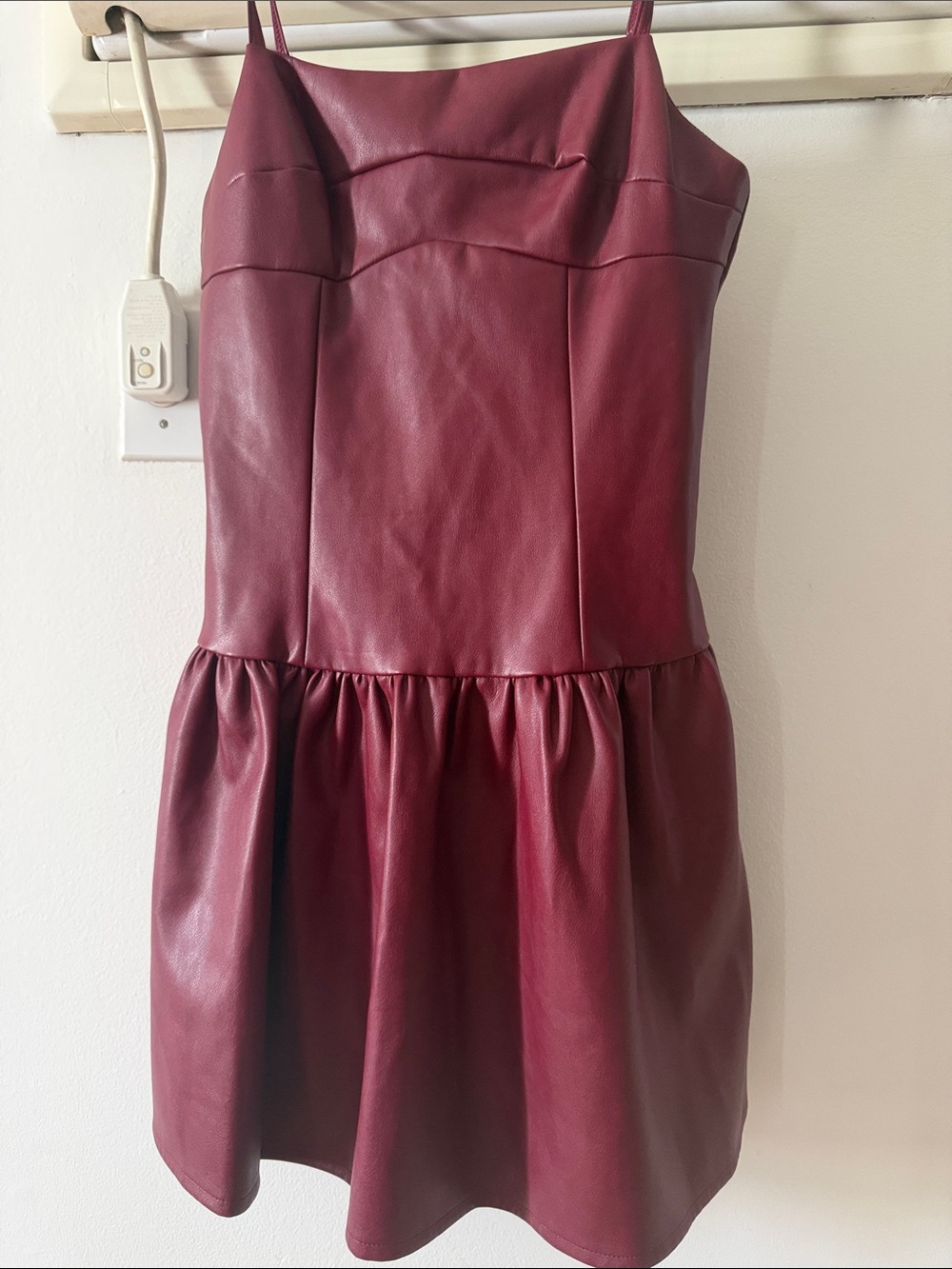 Aqua Sleeveless Faux Leather Mini Dress in Burgundy